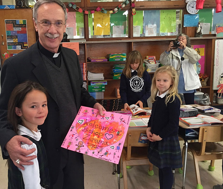 Bishop Luis Rafael Zarama visited St. Egbert School in Morehead City Jan. 29 during Catholic Schools Week. The school and parish are recovering from damaged caused by Hurricane Florence last year.