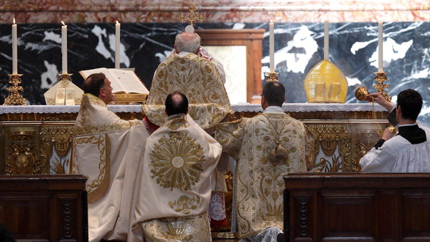 Cardinal Walter Brandmuller elevates the Eucharist during a Tridentine-rite Mass at the Altar of the Chair in St. Peter's Basilica at the Vatican May 15, 2011. (CNS photo/Paul Haring)