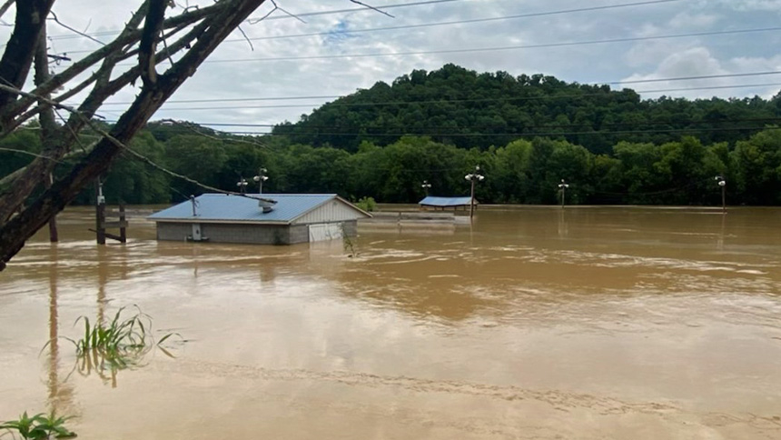 Floodwaters are seen in Jackson, Ky., July 28, 2022. Torrential rains fell late July 27 and into the next day in southeastern Kentucky, causing massive flooding that destroyed hundreds of homes and wiped out entire communities. Search and rescue teams, with the help of the National Guard, began searching for missing people July 29. More rain and storms were expected over the July 30-31 weekend. (CNS photo/Edward Bauer, Diocese of Lexington)