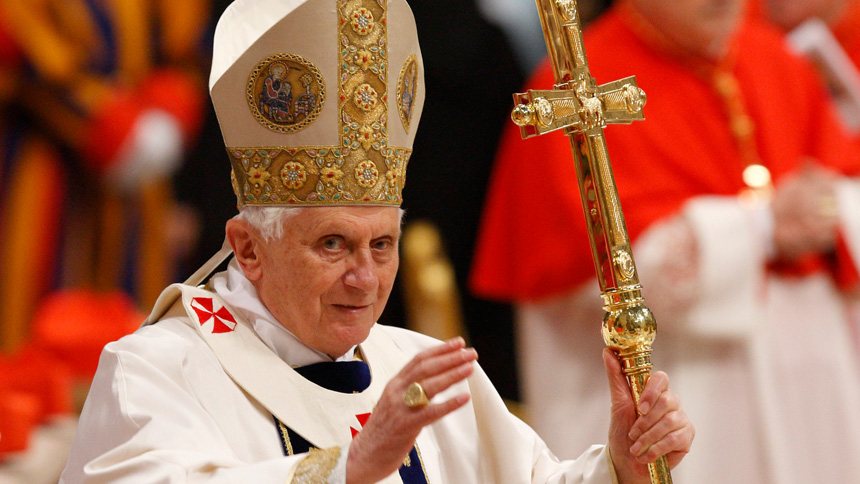 Pope Benedict XVI arrives to celebrate Mass on New Year's Eve Day in St. Peter's Basilica at the Vatican Jan. 1, 2010. Pope Benedict died Dec. 31, 2022, at the age of 95 in his residence at the Vatican. (CNS photo/Paul Haring)