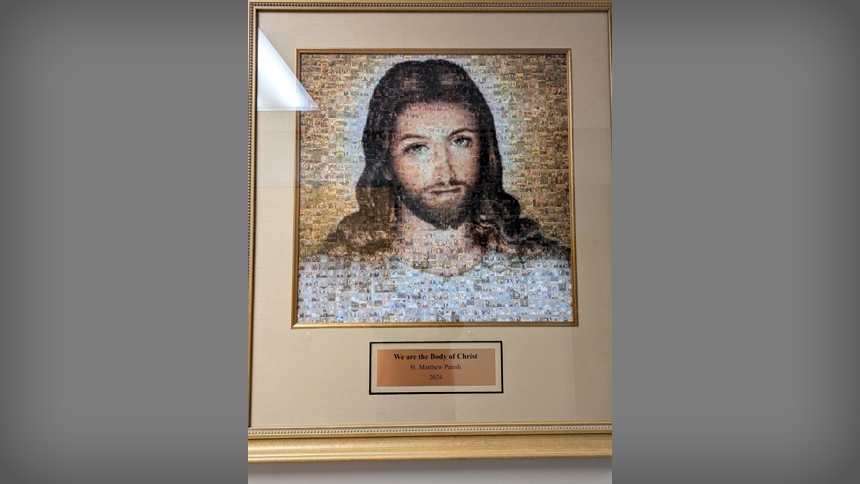 The community at St. Matthew in Durham created a print with the theme We are the Body of Christ in mind. It is made up of one-inch square photos of parishioners, said Susan Clifton of St. Matthew.