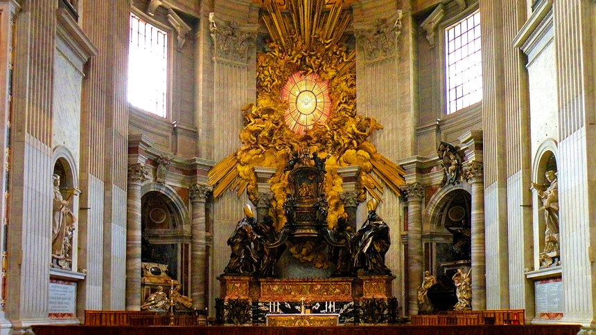 Saint Peter's Basilica, the apse, showing the Cathedra of St Peter supported by four Doctors of the Church, and the Glory, designed by Bernini. Credit: Vitold Muratov, CC BY-SA 3.0, via Wikimedia Commons.