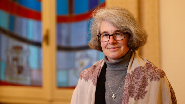 Xavière Missionary Sister Nathalie Becquart, undersecretary of the Synod of Bishops, is pictured in the chapel at her office at the Vatican Jan. 5, 2021. In an interview with Catholic News Service, Sister Becquart explained some of the characteristics of a "synodal church." (CNS photo/Paul Haring)