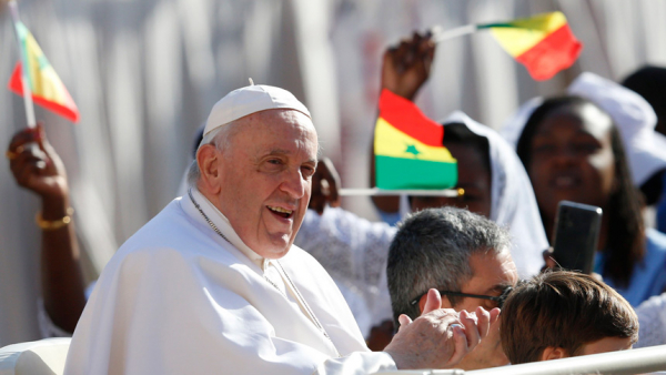 Pope Francis greets the crowd during his general audience in St. Peter's Square at the Vatican Sept. 7, 2022. (CNS photo/Paul Haring)