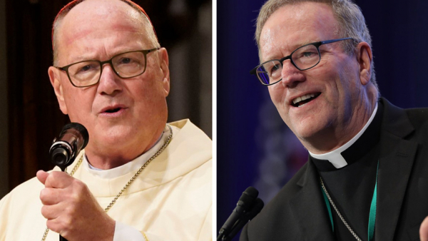 New York Cardinal Timothy M. Dolan, left, and Bishop Robert E. Barron of Winona-Rochester, Minn., are seen in this composite photo. Cardinal Dolan is chairman of the U.S. bishops' Committee for Religious Liberty, and Bishop Barron chairs the bishops' Committee on Laity, Marriage, Family Life, and Youth. (CNS composite/photos by Gregory A. Shemitz and Bob Roller)