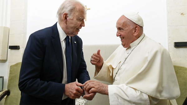 Pope Francis meets with U.S. President Joe Biden on Friday, June 14, 2024, after a session at the G7 summit, which is being held June 13–15 in the southern Italian region of Puglia. | Credit: Vatican Media